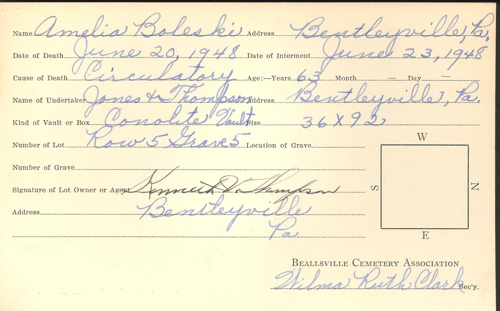 Amelia Boleski burial card